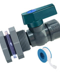 Drain Valve Kit For Rain Barrels With 3/4 Inch PVC Spigot, Bulkhead Fitting Adapter, And PTFE Thread Seal Tape, shown close-up.
