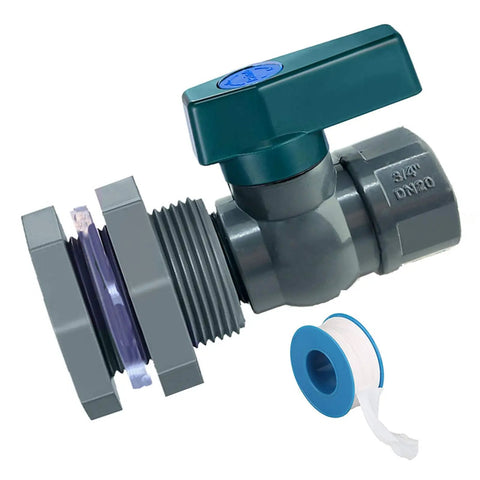 Drain Valve Kit For Rain Barrels With 3/4 Inch PVC Spigot, Bulkhead Fitting Adapter, And PTFE Thread Seal Tape, shown close-up.