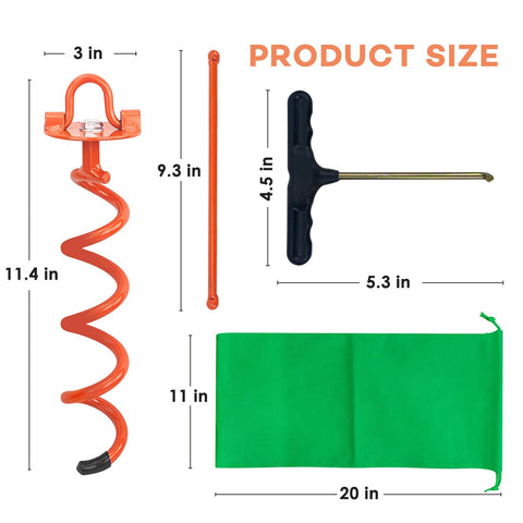 Heavy Duty Screw In Ground Anchors Kit With Metal Spiral Earth Stakes Folding Ring Design dimensions and components