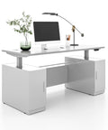Kickass Hella Spacious Dual Motor Height Adjustable Electric Standing Desk Smooth 67 Inch Wide White Sit Stand Workstation with storage cabinets.