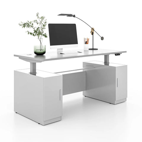 Kickass Hella Spacious Dual Motor Height Adjustable Electric Standing Desk Smooth 67 Inch Wide White Sit Stand Workstation with storage cabinets.