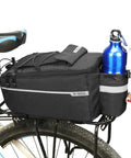 Waterproof Insulated Bike Rack Bag With 8 Liter Capacity For Bicycle Trunk Storage mounted to a bike rack, holding a blue water bottle.