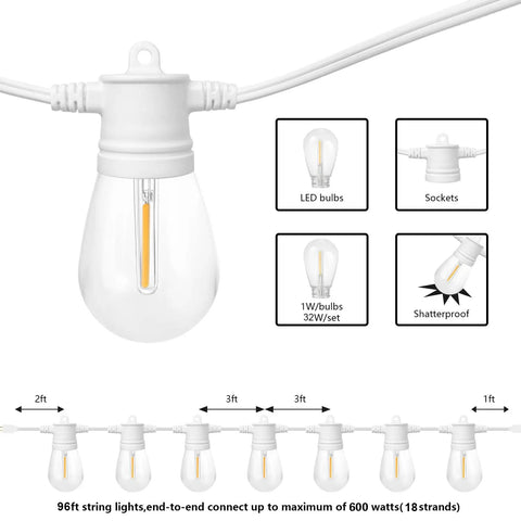 White Outdoor String Lights 96 Feet With 32 Shatterproof LED Bulbs Durable 18 Gauge Copper Wire Patio Garden Lights details