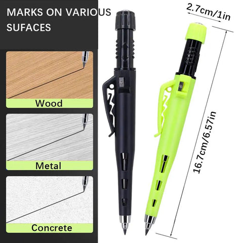 Deep Hole Marking Carpenter Pencil Set With 55mm Long Nose shown marking wood, metal, concrete surfaces, two pencils displayed.
