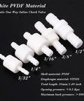 Five white PVDF inline check valves with hose-barb ends, sizes 5/32–1/2 in, for fuel oil water gas air