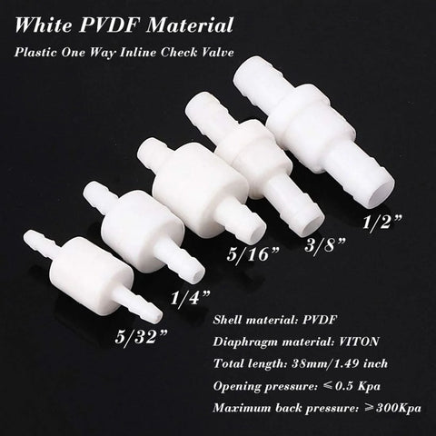 Five white PVDF inline check valves with hose-barb ends, sizes 5/32–1/2 in, for fuel oil water gas air