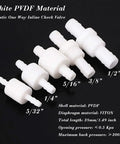 Five PVDF plastic one way check valves of various sizes, focus on Three Eighths Inch Barb Inline One Way Check Valve PVDF Plastic Ozone Resistant Non Return.