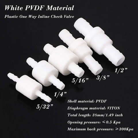 Half Inch One Way Inline Check Valve 2 Pack Non Return Hose Barb PVDF Plastic Ozone Resistant Valve Built Tough For Fuel Oil Water Gas Pump Air Backflow Protection displayed with various sizes in white PVDF material