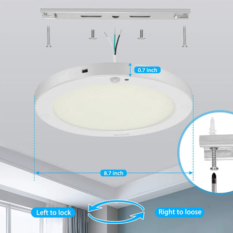 Installation diagram for Motion Activated LED Ceiling Light 15W 1200LM Flush Mount Round Fixture with dimensions and mounting details.