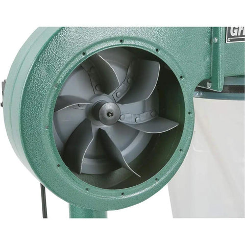 Close-up of 1 HP fan blade in Rugged 1 HP Shop Dust Collector Built To Rip Through Nasty Sawdust And Wood Chips Fast.