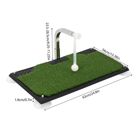 Indoor Golf Swing Trainer With Real Turf Mat, Suction Pad Base, Adjustable Ball Mount Height shown with dimensions