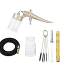 Dual Action Portable Airbrush Paint Spray Pen With 20Cc Cup Totally Grip And Go Design Self Cleansing Lightweight Handle Sweet Precision Finish On Walls Glass And Quick Detail Work components including airbrush, hose, jars, and cleaning tools.