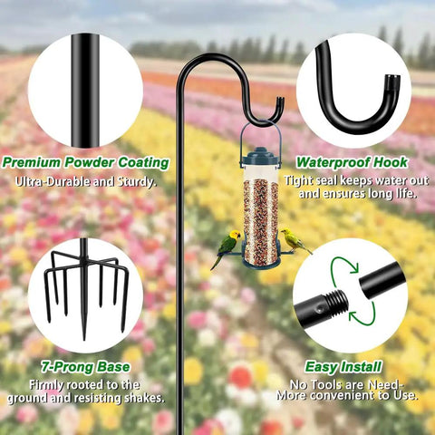 Heavy Duty 84 Inch Shepherds Hook For Outdoor Use With 7 Prong Base Sturdy Bird Feeder Pole, shown with bird feeder installed.