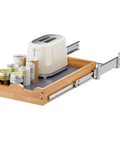 Smooth Riding One Tier Wood Pull Out Drawers For Base Cabinet Organization Kitchen Pantry Bathroom Storage With Slick Slide Runners Easy Install Pulling Tray No Sweat Upgrading System For Pots Pans And Groceries displaying a toaster and jars in a wooden slide-out tray.