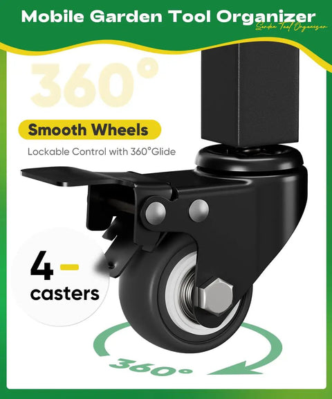 Close-up of the Heavy Duty 3 Tier Metal Garden Tool Organizer On Wheels With Side Hooks, highlighting smooth 360° swivel caster.