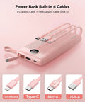 10000mAh Slim Portable Charger, Built In Four Power Bank Cables, pink with four attached charging cables for travel.