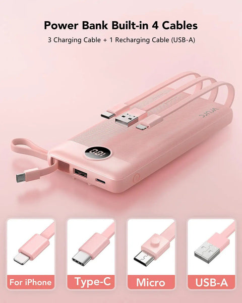 10000mAh Slim Portable Charger, Built In Four Power Bank Cables, pink with four attached charging cables for travel.