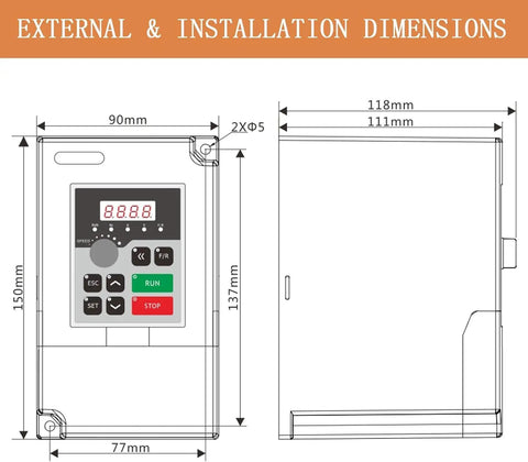Beefed Up 1.5KW VFD Motor Speed Controller For CNC Spindle Inverter installation dimensions diagram