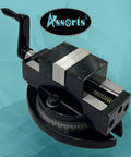 Heavy Duty Self Centering Milling Machine Vice With Swivel Base 2 Inch Jaw Capacity Rotates 360 Degrees on a black rotary base.