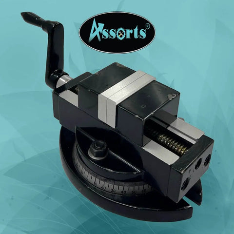 Heavy Duty Self Centering Milling Machine Vice With Swivel Base 2 Inch Jaw Capacity Rotates 360 Degrees on a black rotary base.