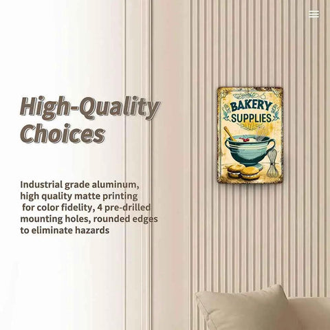 Vintage Aluminum Bakery Sign 12x8 Inch Rustic Retro Wall Decor For Home Bakers And Bakery Shops Durable Metal Kitchen Cafe Sign That Resists Rust And Fading Classic Industrial Style Aluminum Sign mounted on a wall
