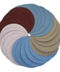 125mm Hook Loop Sanding Discs 100Pcs 5 Inch Flocking Sandpaper Grit Range 1000-5000 in circular arrangement showcasing various colors.