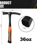 36 Oz Rock Pick Hammer Heavy Duty Masonry and Bricklayer Tool With Comfortable Rubber Grip displayed with dimensions