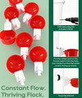 68 Piece Sleek Chicken Waterer Cups Delivering No Sweat Automatic Leak Proof Poultry Watering Station With Tee Fittings and hole opener in red.