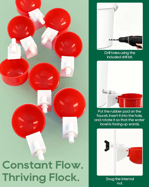 68 Piece Sleek Chicken Waterer Cups Delivering No Sweat Automatic Leak Proof Poultry Watering Station With Tee Fittings and hole opener in red.