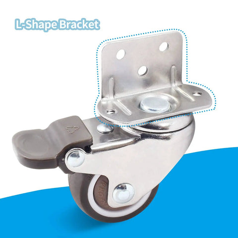 Close-up of 1.5 inch L-shaped swivel caster with brake, showing metal housing and TPE rubber wheel, part of 4 Pack 1.5 Inch L Shaped Swivel Casters With Brakes.