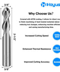 Three Eighths Inch Carbide Ball Nose End Mills With Two Flutes End Mill Bits For Stainless Steel Forged Steel Hardened Steel Copper And Alloys Pro Grade Tungsten Carbide Milling Tools For CNC Cutting product illustration with dimensions and features.