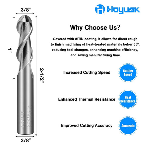 Three Eighths Inch Carbide Ball Nose End Mills With Two Flutes End Mill Bits For Stainless Steel Forged Steel Hardened Steel Copper And Alloys Pro Grade Tungsten Carbide Milling Tools For CNC Cutting product illustration with dimensions and features.