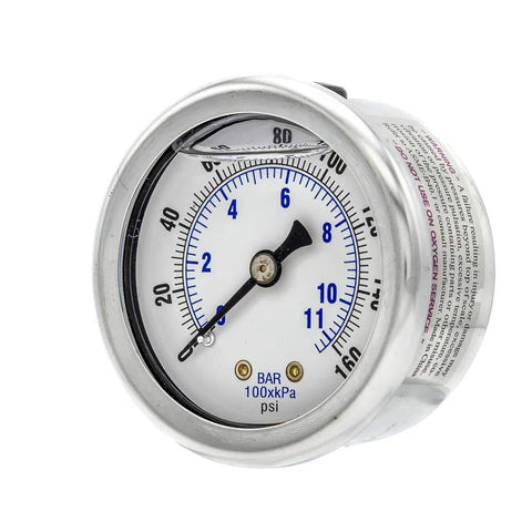 Glycerine-filled 2-inch pressure gauge with stainless steel case and PC lens; 0-160 psi, brass internals