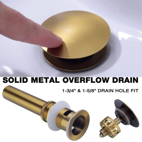 Gold Bathroom Faucet With Square Design Single Handle Waterfall Faucet For Single Hole Install Includes Brushed Brass Finish Metal Pop Up Drain And Deck Plate Fingerprint Resistant Premium Durable Brass Construction showing solid metal drain components.