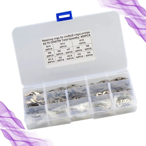 400 Piece Stainless Steel E Shaped Retaining Ring Kit M1.5 To M15 Snap Rings For Shaft Grooves in compartment box