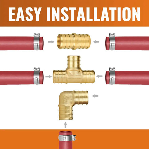 Diagram showing Three Quarter Inch PEX Fittings Set With Five Elbows, Five Tees, And Five Couplings In Lead Free Brass, NSF Certified.