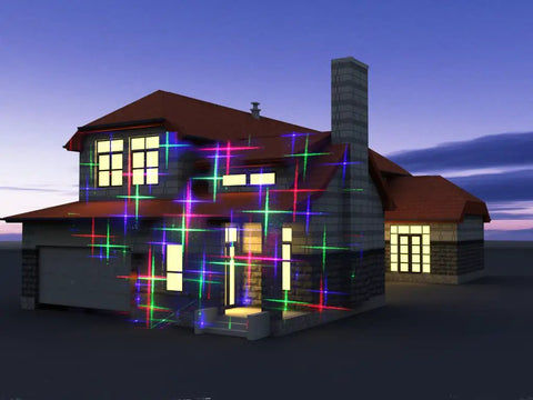 House with Motion Pattern Firefly 3 In 1 RGB Outdoor Laser Christmas Lights Projector With 18 Moving Patterns displaying lights