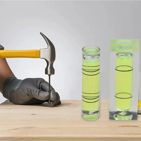 2pcs for mini for spirit Level Set Horizontal Bubble Vial For Picture Hanging Wall Art Calibration, rectangle and cylinder shaped with green liquid.
