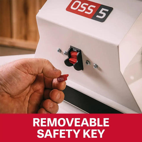 Close-up of removeable safety key on Benchtop Oscillating Spindle Sander With One Half Horsepower 115 Volt Single Phase.