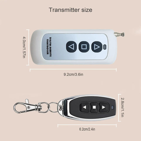 Image showing two transmitters of Wide Voltage Wireless Remote Actuator Controller 12V To 24V, with dimensions