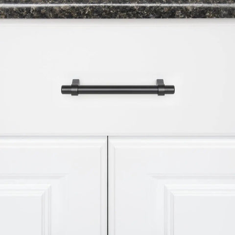 Flat Black Straight Bar Cabinet Handles Set 6.63 Inch Length With 5 Inch Hole Center No Fuss Pro Kitchen Cabinet Pulls on drawer