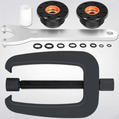 Front Mount Hydraulic Steering Cylinder Seals Kit With Pin Wrench HS5157 For Seastar HC5345 And All Seastar Steering Brackets Puller Replaces Leaking Cylinder Seals On Outboard Motors For Single Or Twin Engines, showing components including wrench and sealing glands