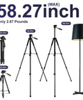 Various angles of a Lightweight Aluminum Laser Level Tripod with a maximum 58.27in height, featuring a handy handle and bubble level.