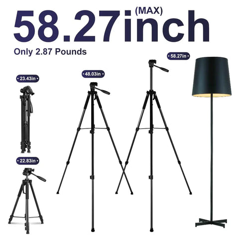 Various angles of a Lightweight Aluminum Laser Level Tripod with a maximum 58.27in height, featuring a handy handle and bubble level.