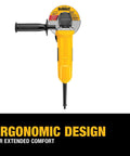 Front view of DEWALT 4-1/2-inch angle grinder with One-Touch guard, yellow body and black grip.