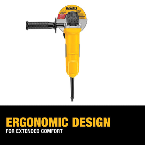 Front view of DEWALT 4-1/2-inch angle grinder with One-Touch guard, yellow body and black grip.