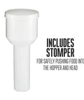 Includes stomper for safely pushing food into the hopper of the Weston Deluxe Electric Tomato Strainer And Food Mill Sauce Maker.