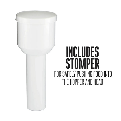 Includes stomper for safely pushing food into the hopper of the Weston Deluxe Electric Tomato Strainer And Food Mill Sauce Maker.