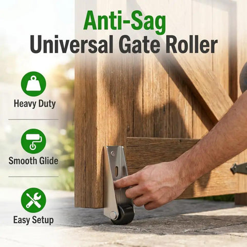 Heavy Duty Vertical Track Roller Wheel For Smooth Sliding Door Bottom Guide And Fence Gate Swap With Rugged Aluminum Bracket, installed on a wooden gate.