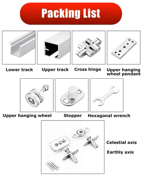 Packing list for Bi-Folding Barn Door Hardware Sliding Track Kit For Double Wood Doors Beefy Heavy Duty Steel Rail.